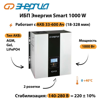 ИБП Энергия Smart 1000W - ИБП и АКБ - Энергия ИБП Smart - . Магазин оборудования для автономного и резервного электропитания Ekosolar.ru в Ейске